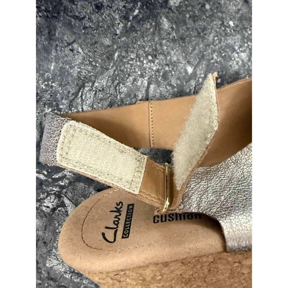 CLARKS Womens Cork Wedge Heel Sandal Gold Leather Open Toe Slingback Shoe 10M